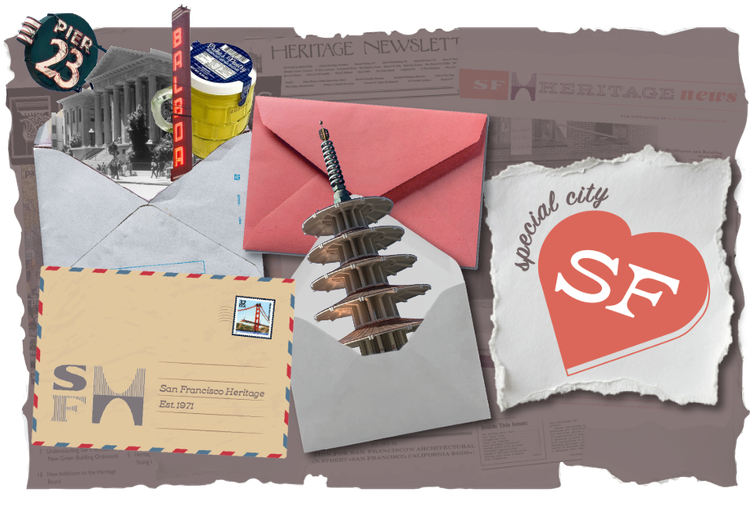 Header image featuring open envelopes, peace pagoda emerging from one of them and pier 23 neon sign, balboa theatre sign, old mint, and jar of mustard emerging from another.