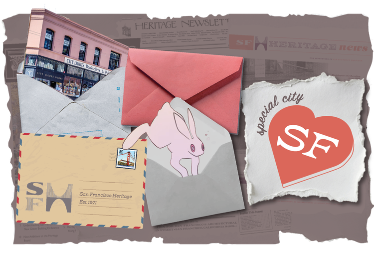 Special City banner featuring City Lights Books building and cartoon white rabbit emerging from envelopes.
