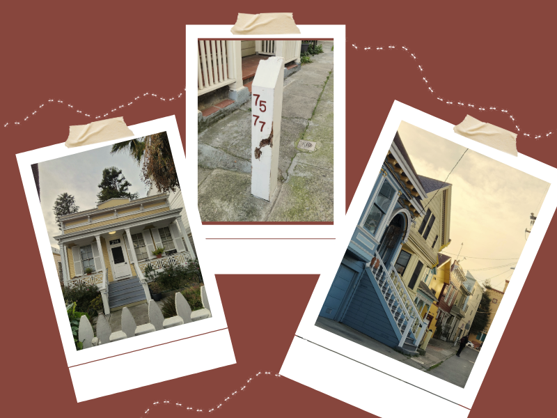Collage of three photographs, two of Victorian-era homes and one of a number post on the sidewalk reading 75 and 77.