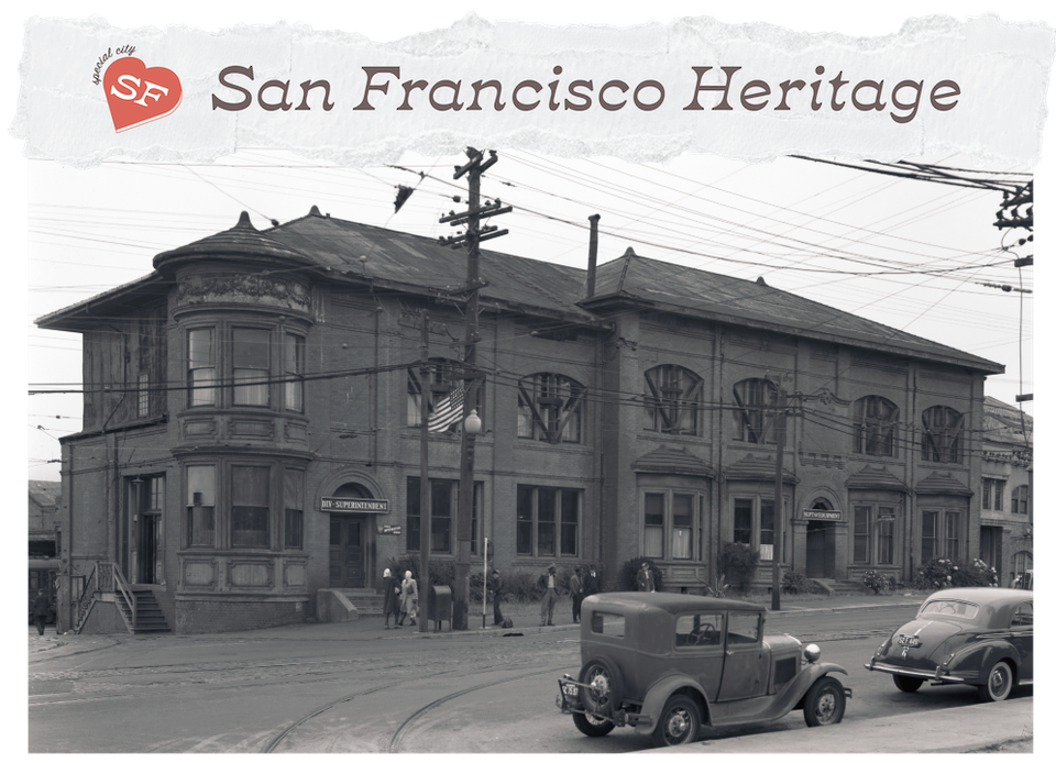 Black and white photograph of a two-story building with American flag flying in a top window. A 1920s car parked across the street. Header design text reads San Francisco Heritage.