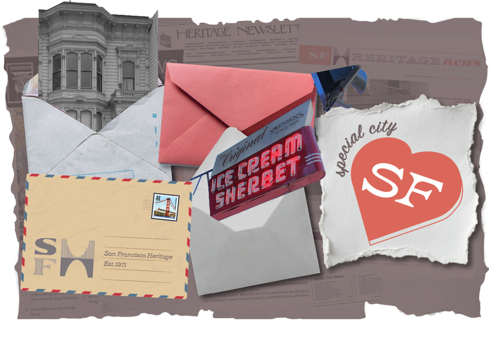 Banner header image showing open envelopes with items popping out of them: An ice cream sherbet neon blade sign and a multi-story Victorian home in black and white.