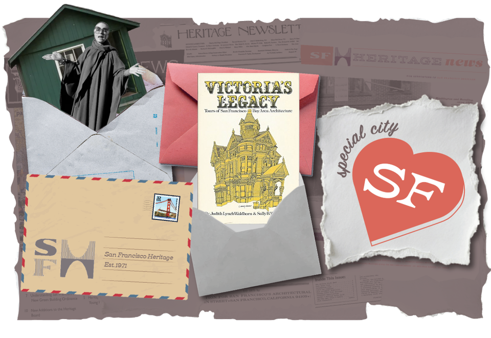 Assortment of envelopes with images of Jane Cryan holding out her arms collaged standing in front of a green earthquake shack, and one of the cover of Victoria's Legacy by Judith Lynch. 