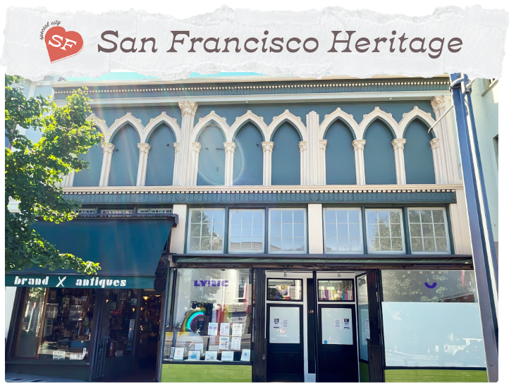 Exterior storefront photo of a gothic revival building with Cornice with pointed-arch plasterwork, corinthian colonettes dividing architectural bays.