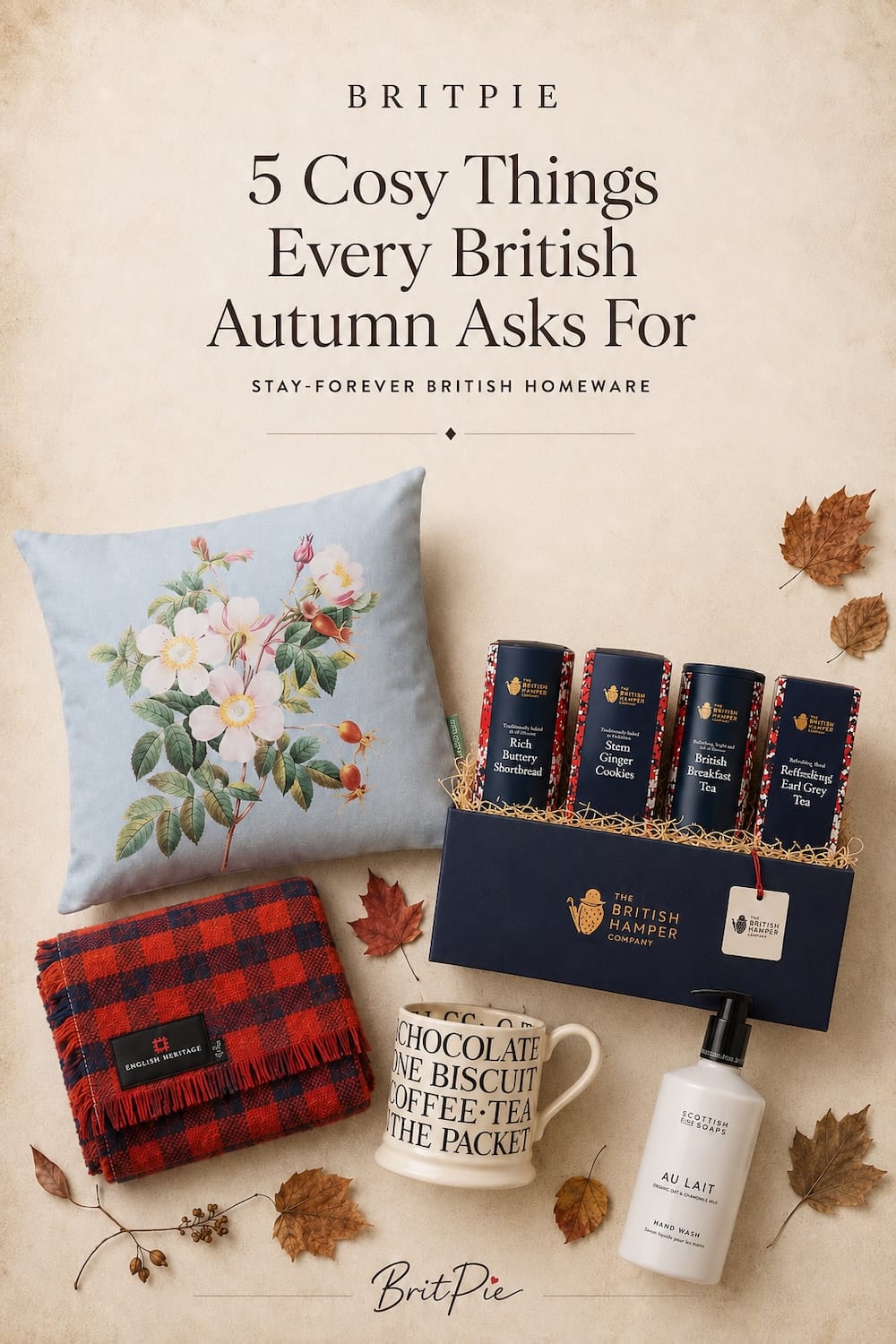 Cosy British autumn home essentials chosen to last: a Stoke-on-Trent mug, a recycled wool throw, a gentle Scottish hand wash, wipe-clean garden cushions and an artisan afternoon tea hamper. Nothing that vanishes off the shelves by November. Read the full edit for where each one comes from. #ad