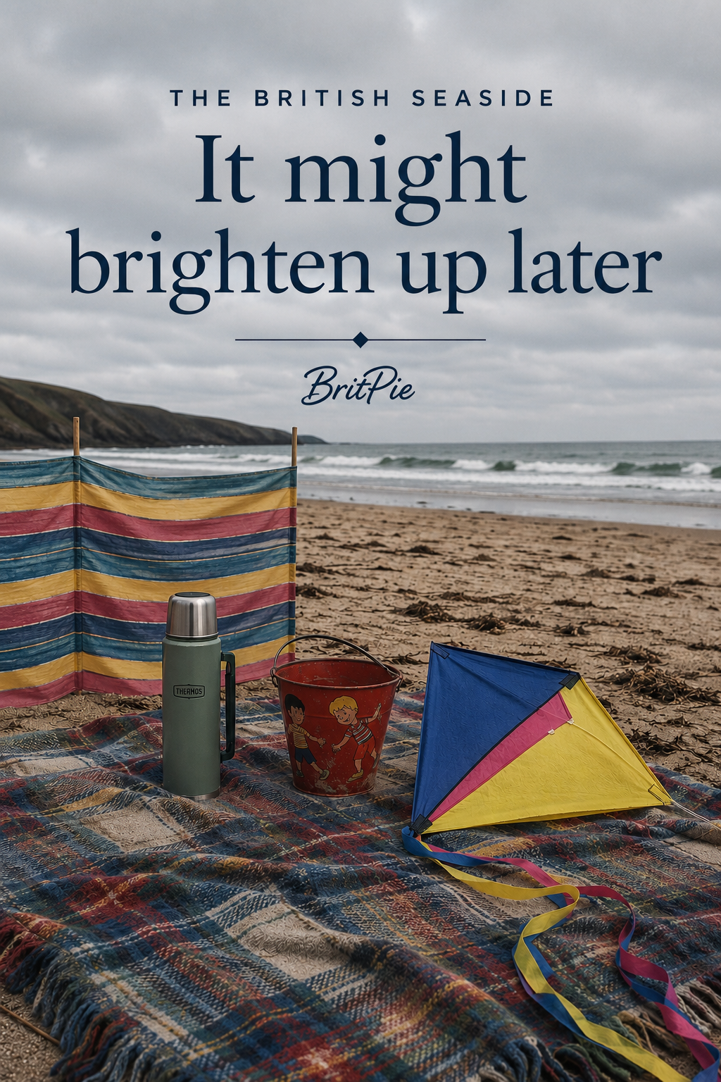 British seaside essentials for a proper beach day: a wool picnic rug, a big steel flask of tea, a traditional kite and a vintage tin bucket, packed for the great annual act of optimism. Save this for the night before the next run to the coast, when the forecast says changeable and you are going anyway. #ad