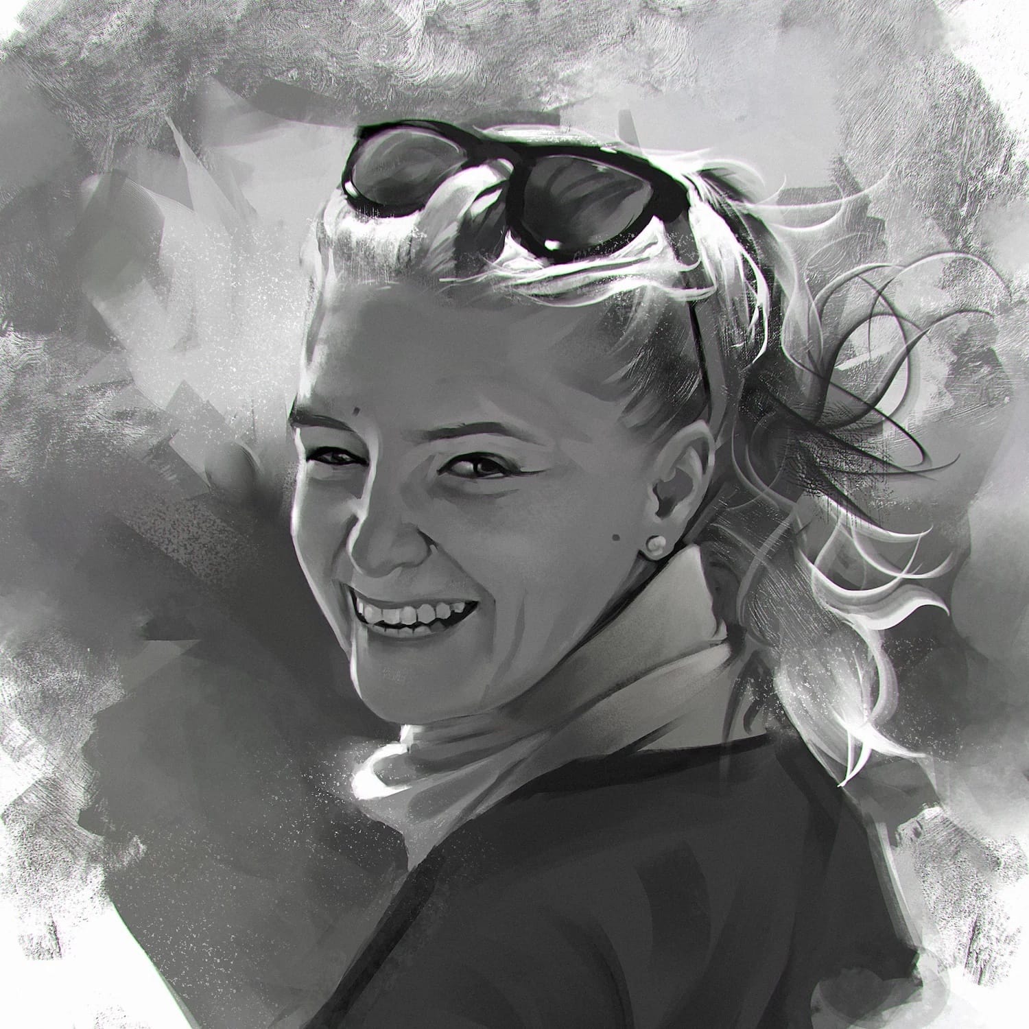A black and white painted portrait of Kat, smiling, with sunglasses on her head.