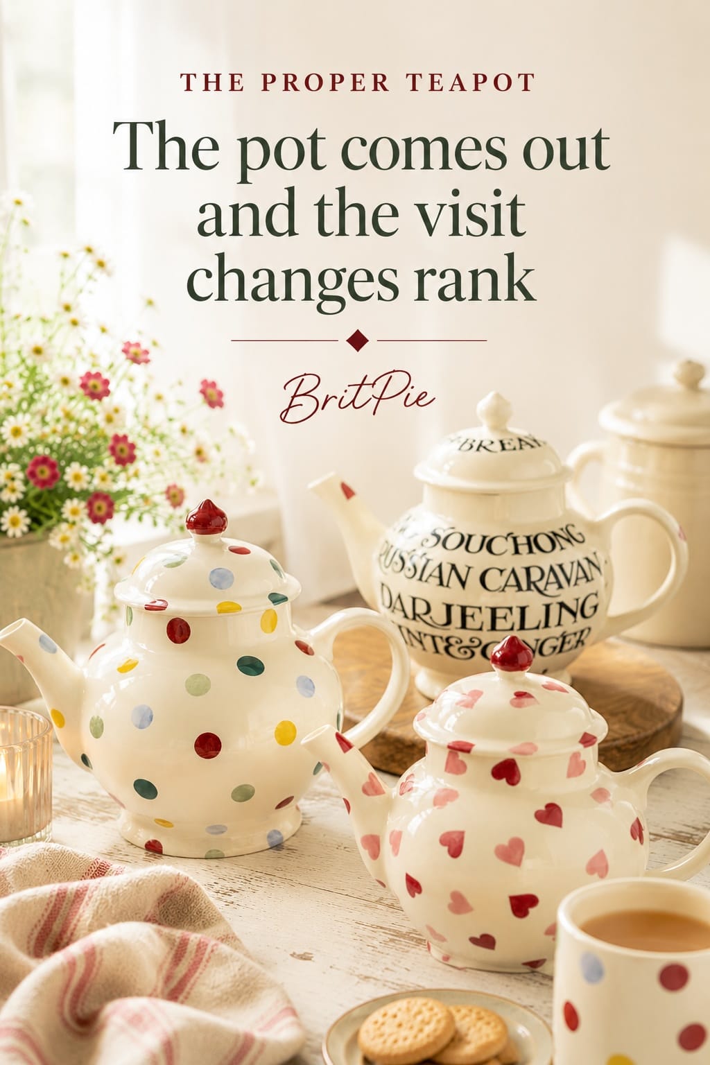 Emma Bridgewater teapot, decorated by hand in Stoke-on-Trent, sized in mugs rather than litres. There are two ways of being given tea in this country, and the pot is the better one. What it does that no mug can, on the blog. #ad