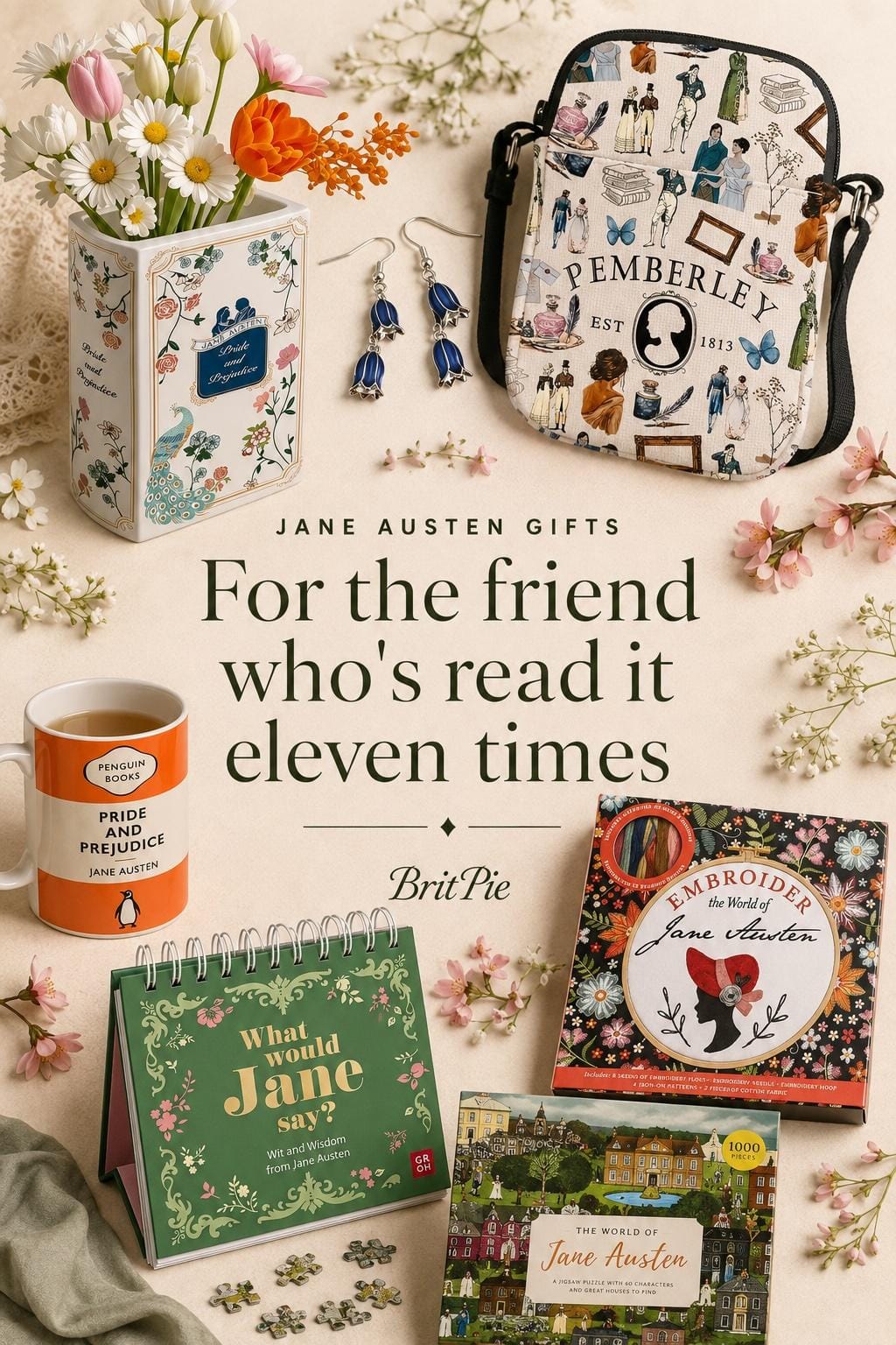 Jane Austen gifts for the friend who owns the novels several times over: a ceramic book vase, the Penguin Pride and Prejudice mug, a literary jigsaw, bluebell earrings and a What Would Jane Say flip book, all found so you never have to buy her a twelfth copy. Save this for the Austen birthday, Christmas or the next gifting emergency. #ad