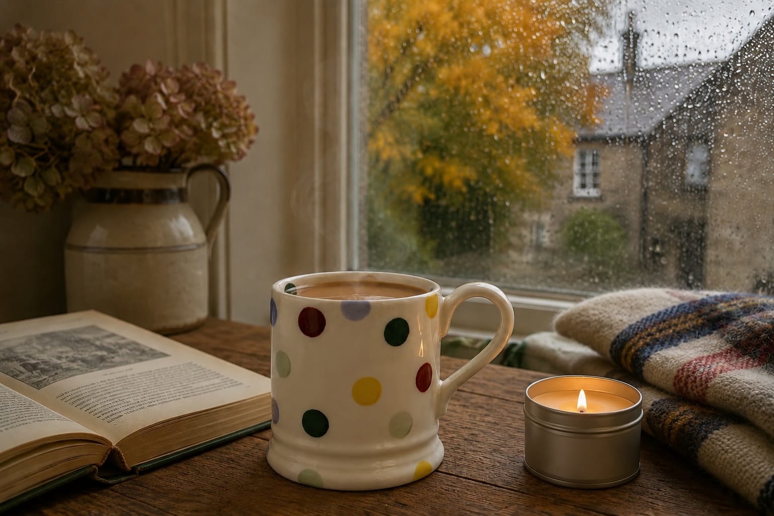 An Emma Bridgewater polka dot mug of tea steaming on a wooden table beside an open antique book, a jug of dried hydrangea and a lit candle, with a rain-streaked window looking onto autumn trees and a stone cottage behind.