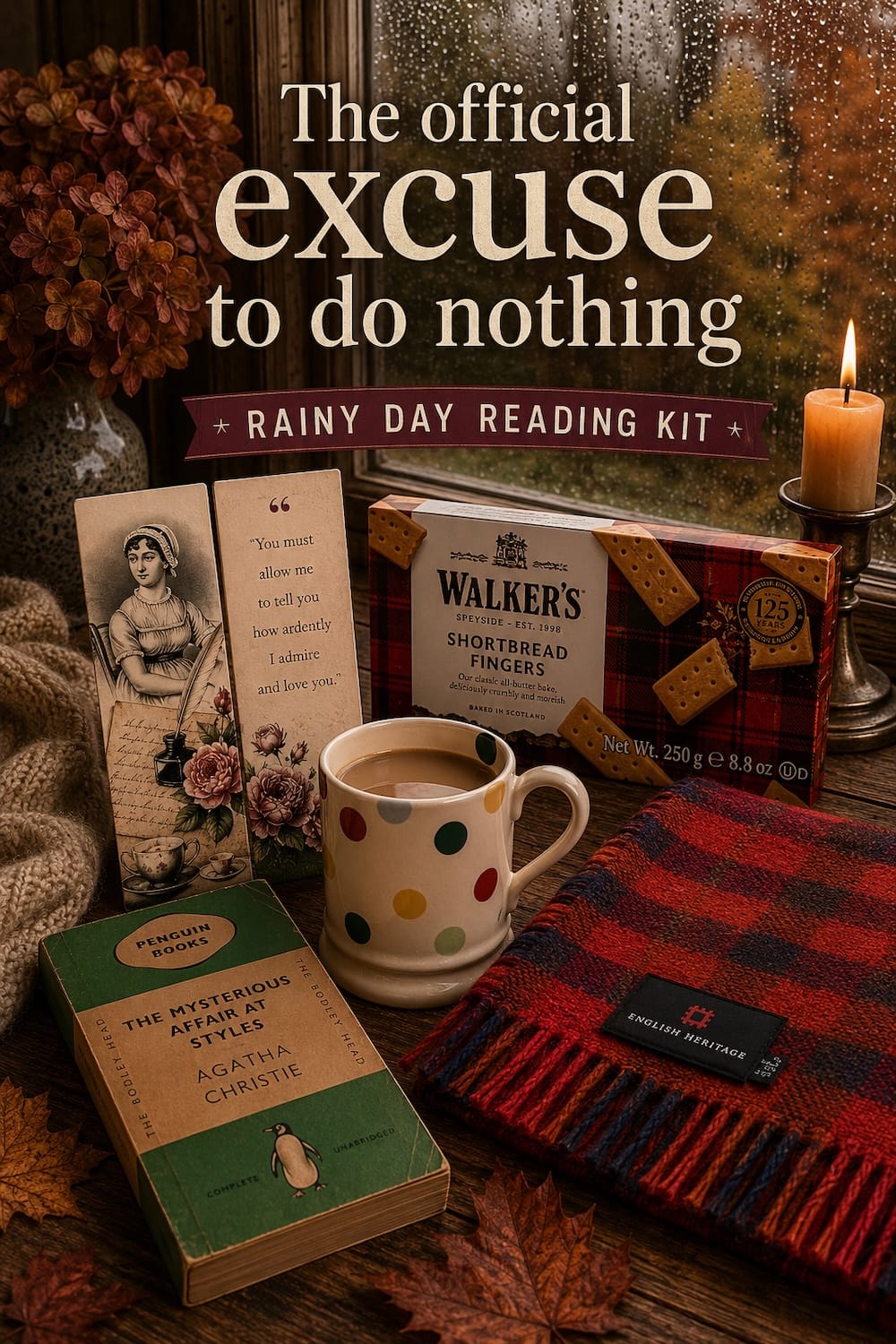 Rainy day reading kit: the five things that turn a wet British afternoon into the best kind of afternoon. A proper wool throw, a strong brew in a polka dot mug, buttery Scottish shortbread and a vintage paperback you're in no hurry to finish. The forecast has given you permission. Take it. #ad