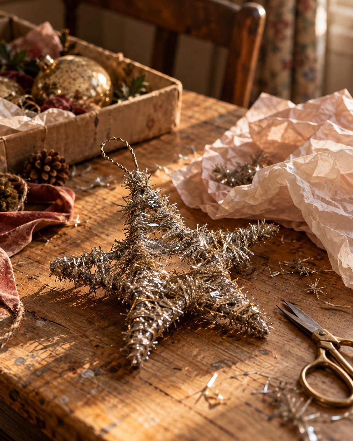 A homemade star of silver tinsel wound round a wire frame on a worn pine table, with tinsel offcuts, scissors and tissue paper around it.