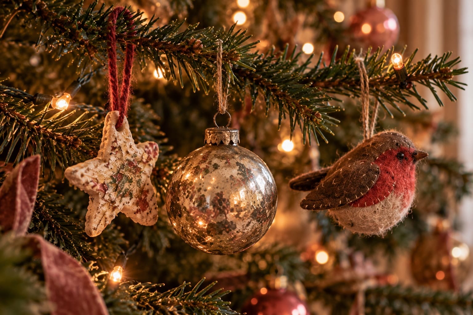 A Christmas tree branch holding three unmatched decorations: a lumpy salt-dough star on red wool, an antique mercury glass bauble and a hand-stitched felt robin.
