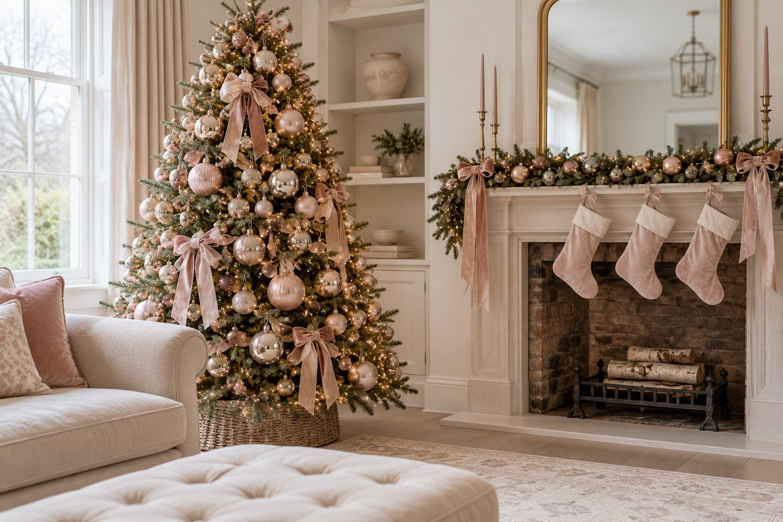 A show-home living room with a Christmas tree decorated entirely in blush pink and champagne, with matching ribbons, stockings and mantel garland.