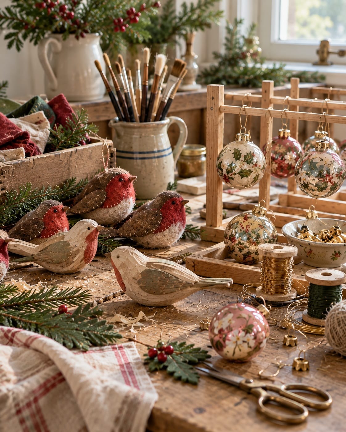 A maker’s workbench with hand-carved wooden robins, hand-painted glass baubles on a drying rack, stitched felt robins, brushes and spools of wire.
