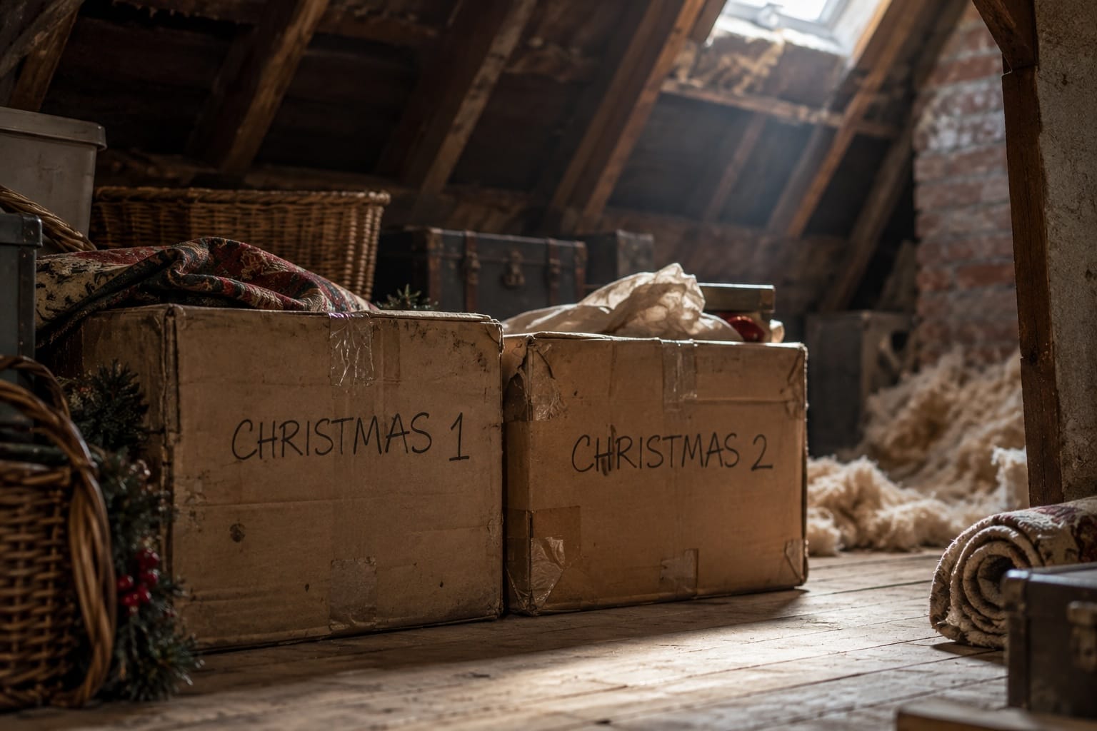 Two old cardboard boxes side by side in a dusty loft, labelled by hand in marker pen, CHRISTMAS 1 and CHRISTMAS 2.