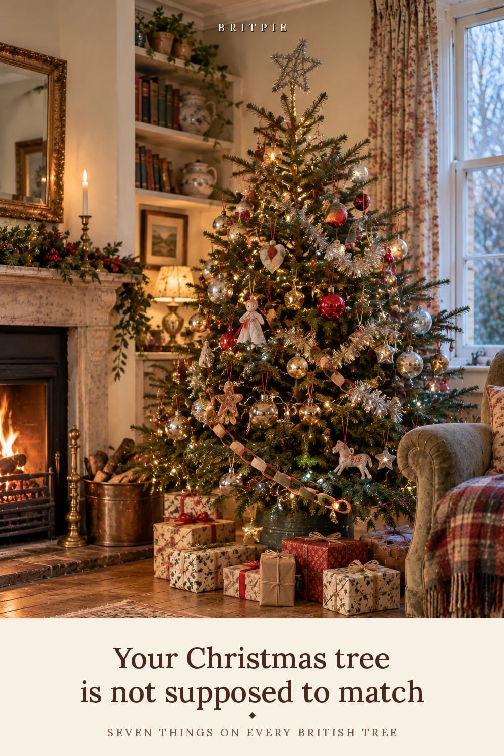A mismatched British Christmas tree with tinsel, a paper chain and presents in three different wrapping papers, captioned Your Christmas tree is not supposed to match. The seven things on every British tree, and why the coordinated ones tell you nothing. #ad