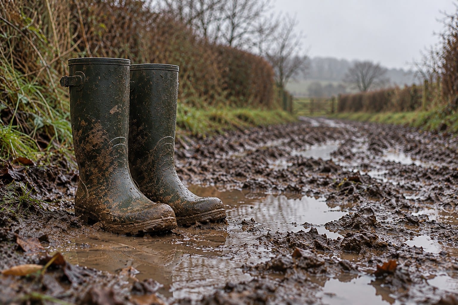 A pair of muddy green wellington boots standing in a churned waterlogged farm track, with bare hedges and a field gate in the distance.