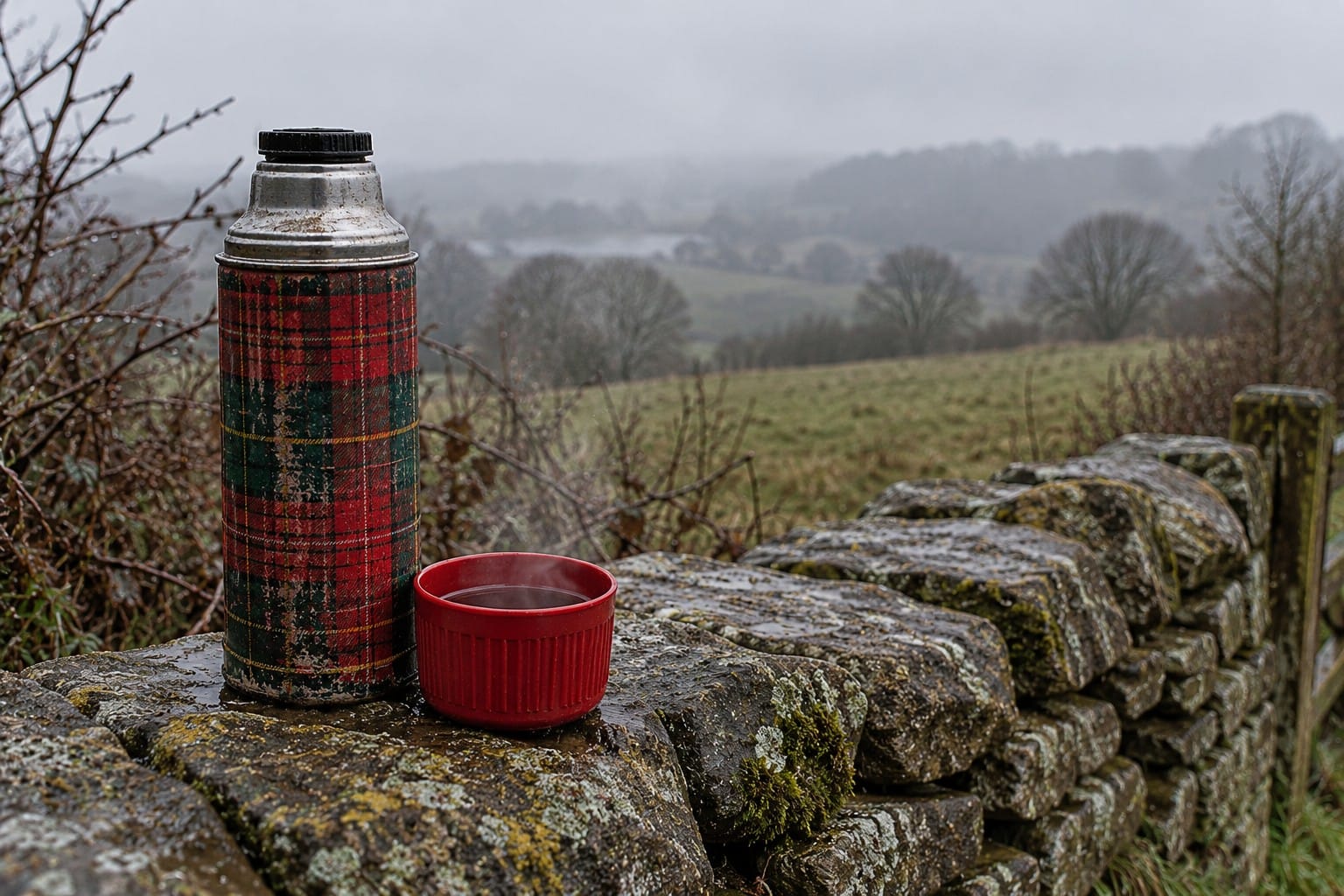 A battered tartan flask and its red cup of steaming tea standing on a mossy drystone wall, above a misty valley of winter fields.