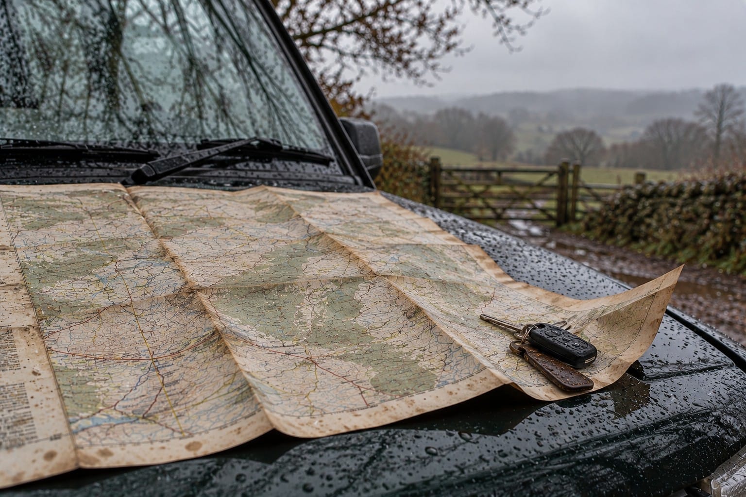 A worn paper map spread open across the wet bonnet of a car, weighted by a set of keys, with a field gate and hedge behind.