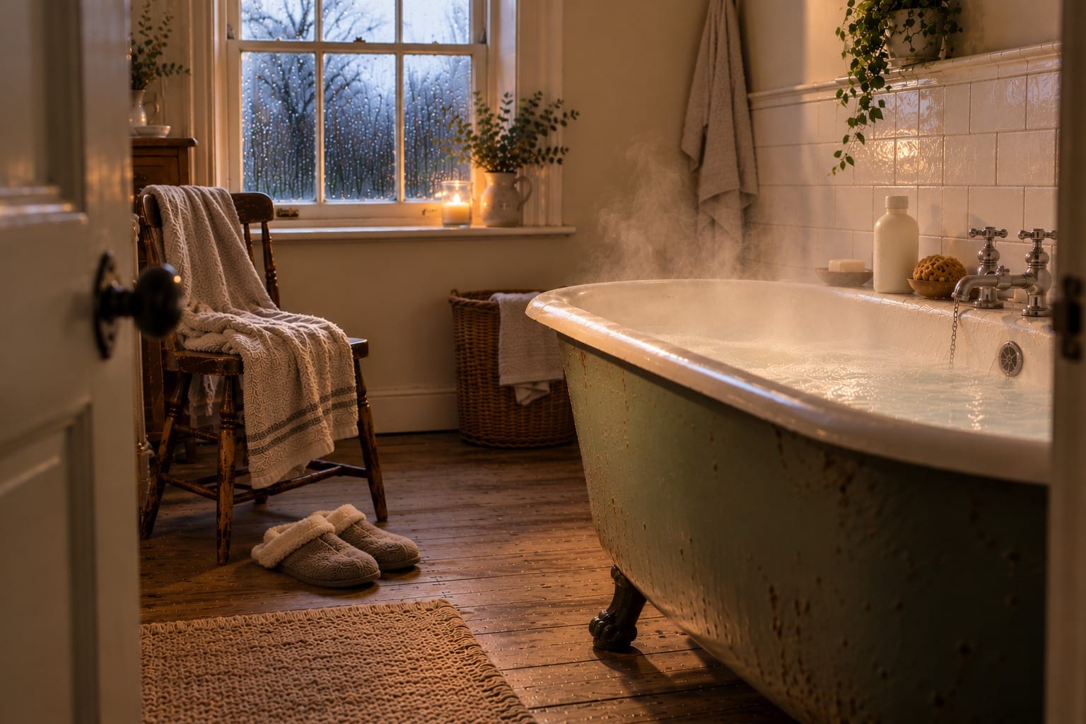 A steaming claw-foot bath in a cottage bathroom at dusk, with slippers on the floorboards, a towel over a chair and a candle on the rainy windowsill.