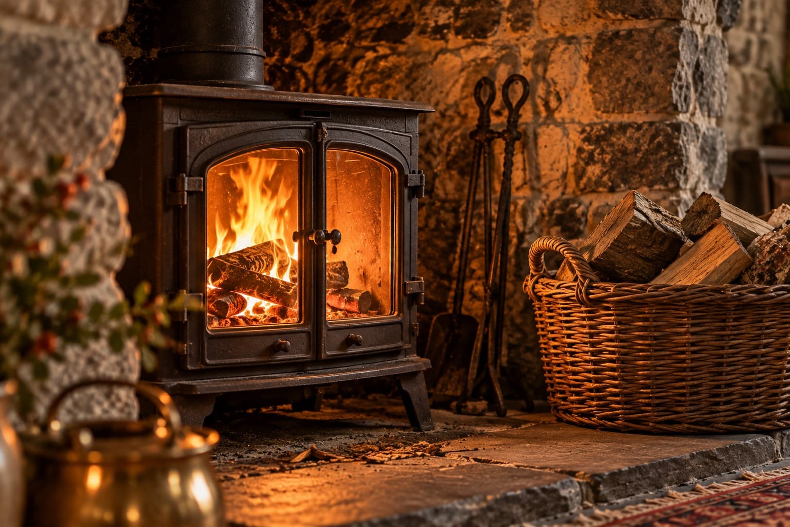 A cast iron wood burner alight behind its glass doors, set into a rough stone fireplace. A wicker basket of split logs stands to the right beside a set of fire tongs and a shovel. A brass kettle sits in the foreground on a flagstone hearth, with the edge of a patterned rug and a sprig of berries just in frame.