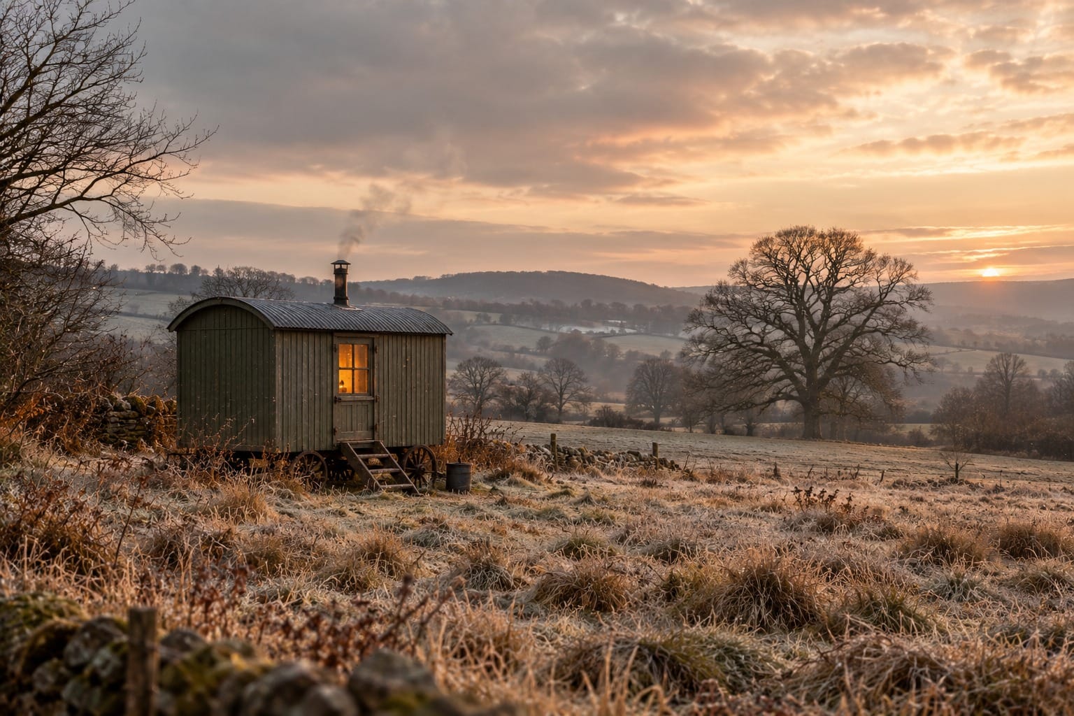 A green shepherd's hut with a curved corrugated roof and cast iron wheels, standing in a frosted field at sunrise. Smoke rises from its chimney and one small window is lit warm from inside. Wooden steps lead up to the door with a metal bucket beside them. A dry stone wall runs along the edge of the field, a bare oak stands to the right, and frosted hills lie beyond under an orange sky.