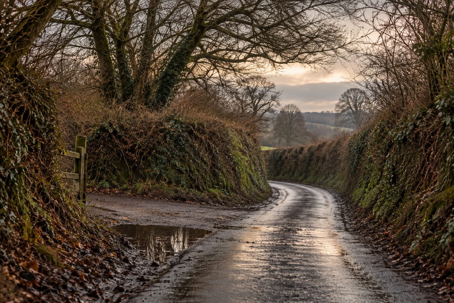 A wet single track lane curving away between high hedges in late autumn. Bare branches arch overhead and ivy covers the banks on both sides. Fallen leaves line the verges, a large puddle lies in a passing place on the left beside a wooden fence post, and a field and distant trees show through a gap in the hedge under a pale sky.