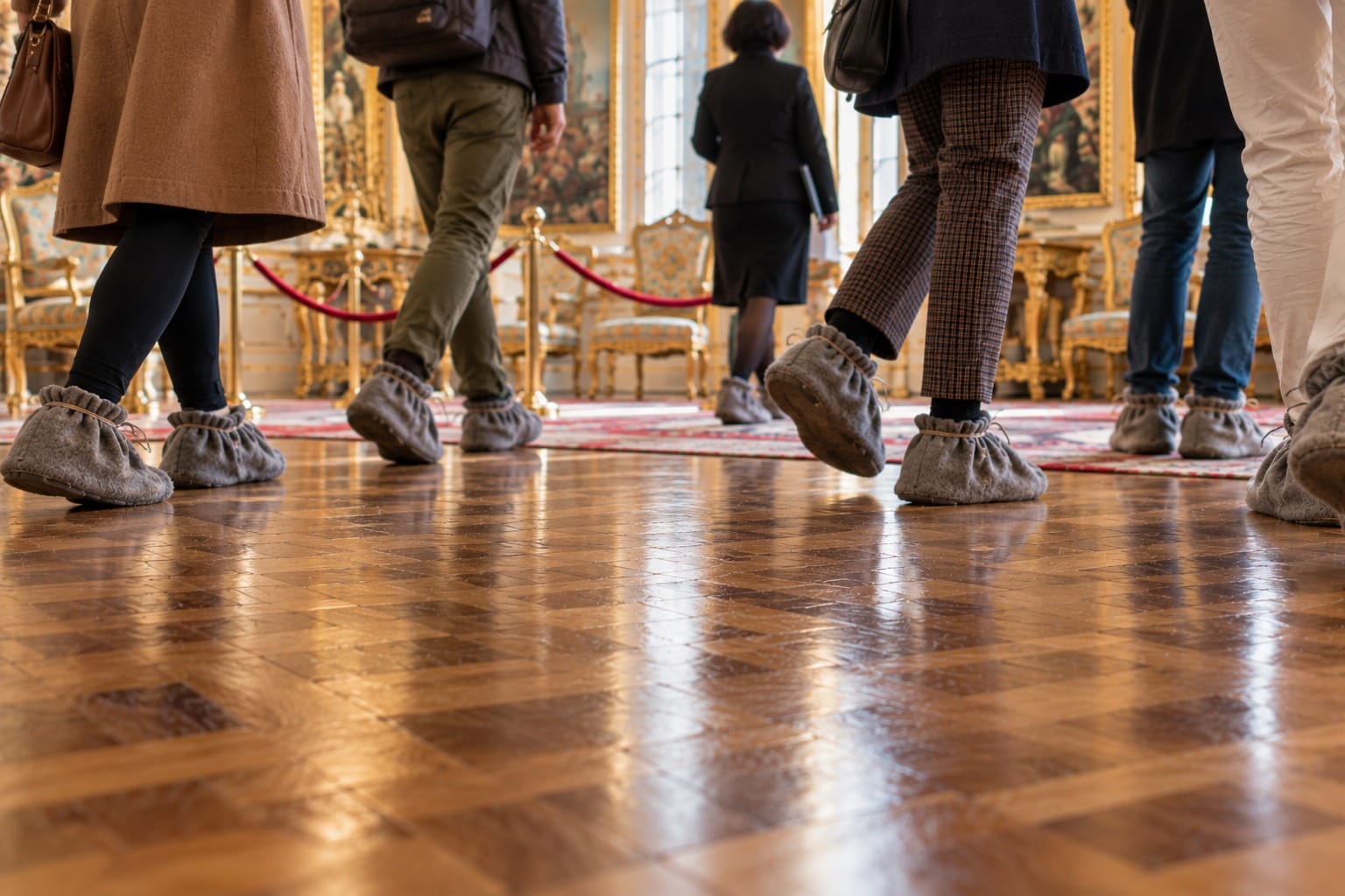 Visitors in grey felt overshoes shuffling across a polished parquet floor on a guided tour of a Central European chateau, gilded chairs behind a red rope.