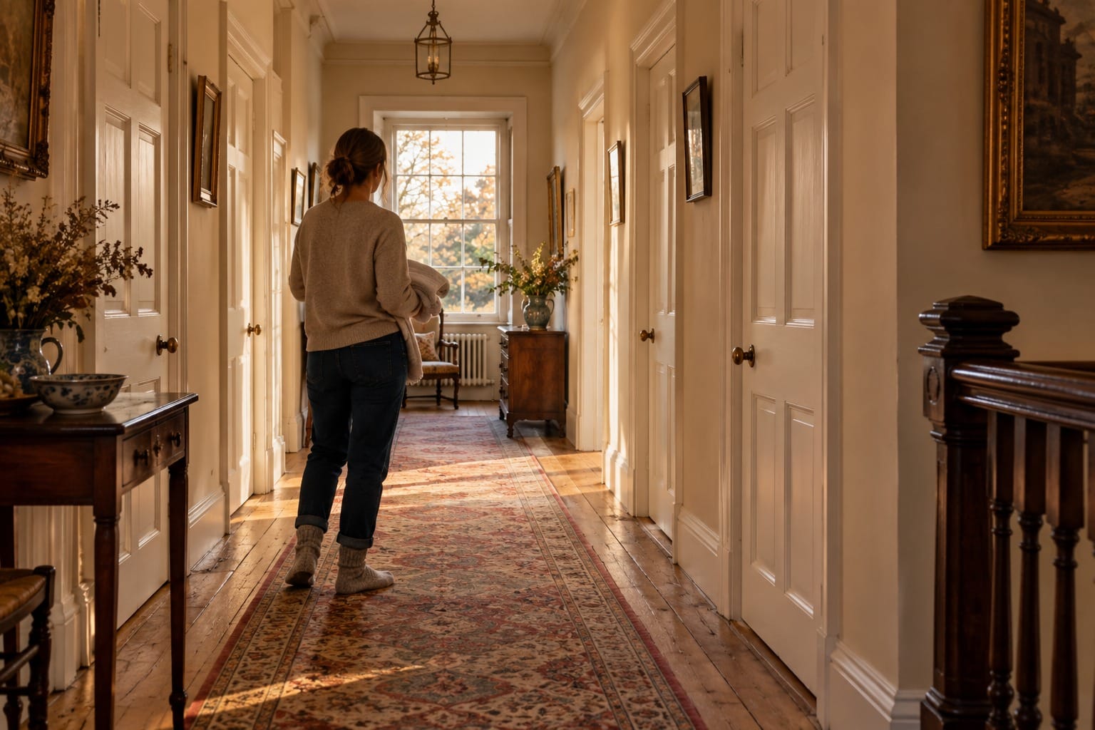 A woman in socks carrying a towel along the upstairs corridor of an old British rectory, a row of identical white doors on either side.
