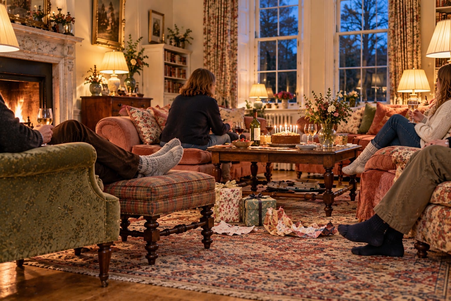 A family birthday in the drawing room of a rented old rectory: cake and candles, presents on the rug and socked feet up on a footstool by the fire.