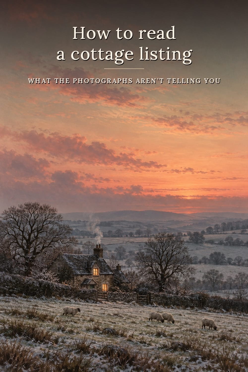 A small stone cottage with two lit windows and smoke rising from the chimney, standing in a frosted field at sunset with sheep grazing in the foreground and low hills behind. Printed text across the sky reads: How to read a cottage listing, what the photographs aren't telling you.