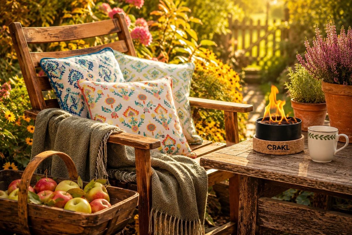 A wooden garden chair with patterned scatter cushions and a grey-green blanket, a woven trug of apples beside it, and a lit tin bonfire on a table nearby, in golden autumn light.