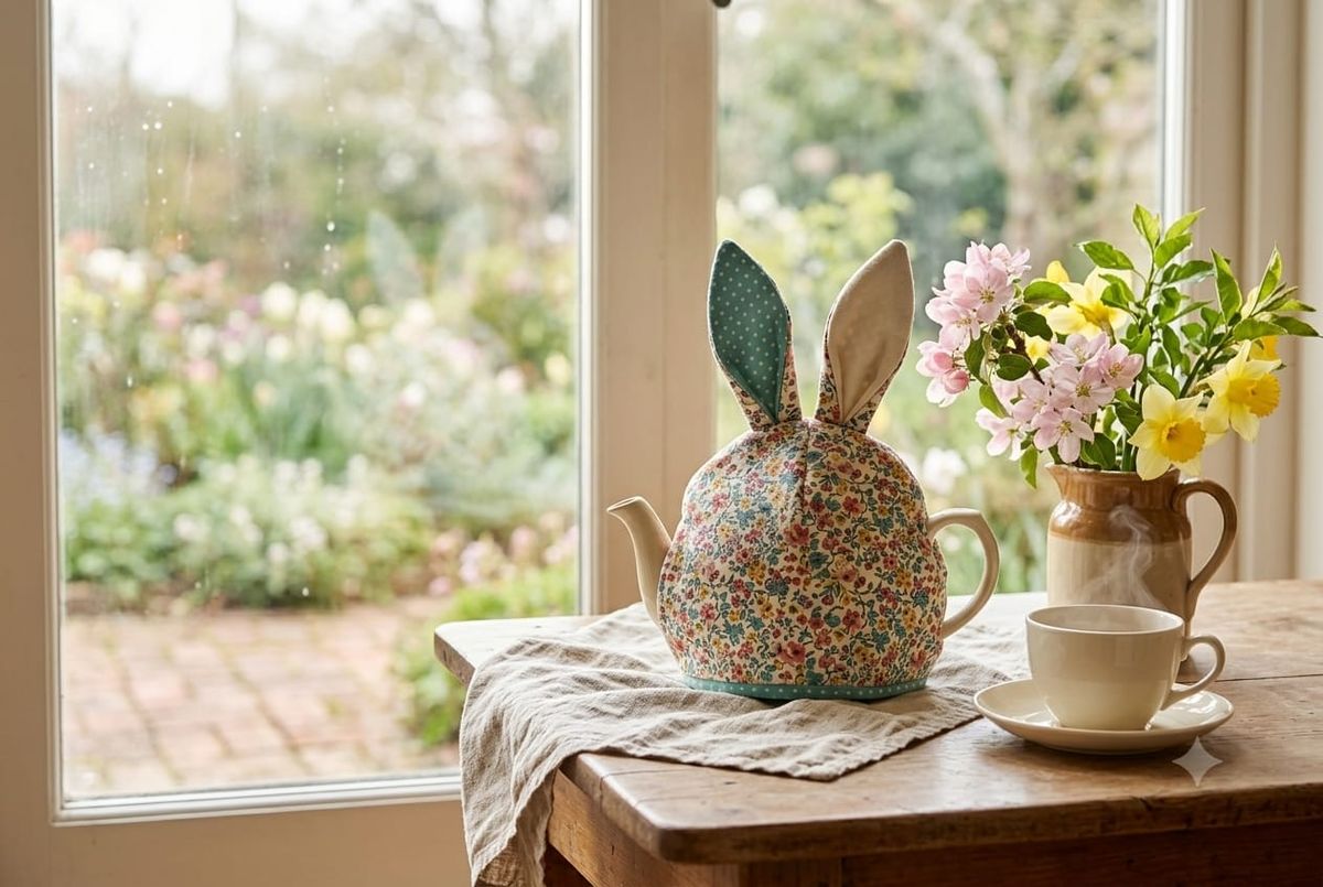 A teapot wearing a floral rabbit-shaped tea cosy with upright ears, on a wooden table by a rainy window, with spring blossom and daffodils in a jug and a steaming cup of tea beside it.
