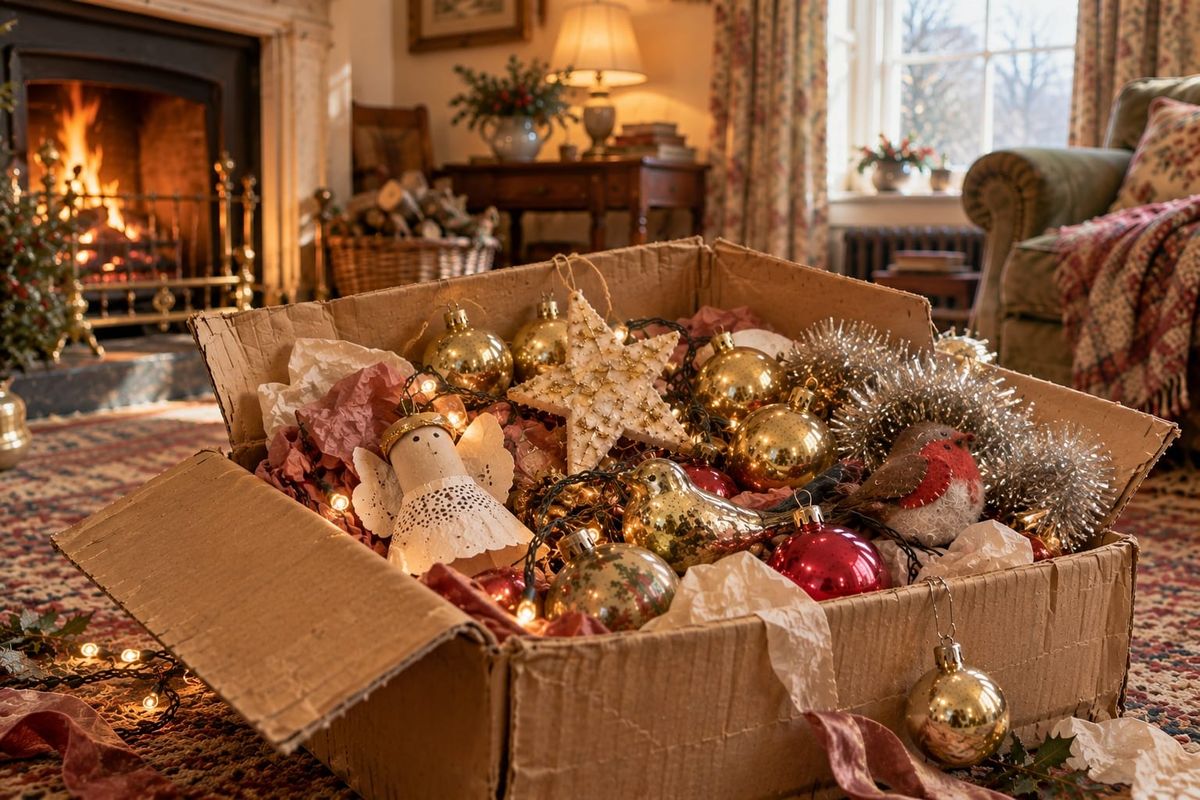 A battered cardboard box of mismatched Christmas decorations on a patterned rug by a lit fire, with a handmade paper angel, tinsel and gold and red baubles.