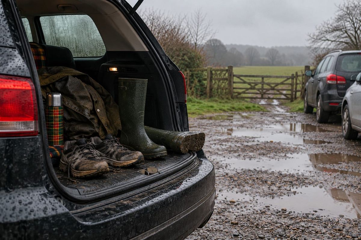 An open car boot in a wet gravel car park, muddy trainers and green wellingtons on the tailgate beside a waxed jacket and a tartan flask, with a field gate and grey sky beyond.