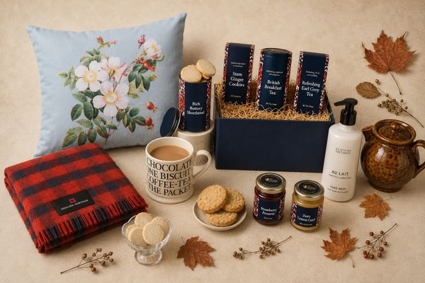 An autumn tea-table on cream: a floral cushion, a red checked English Heritage wool throw, a mug of tea, shortbread, a British Hamper Company box, jam, lemon curd and Au Lait hand wash.