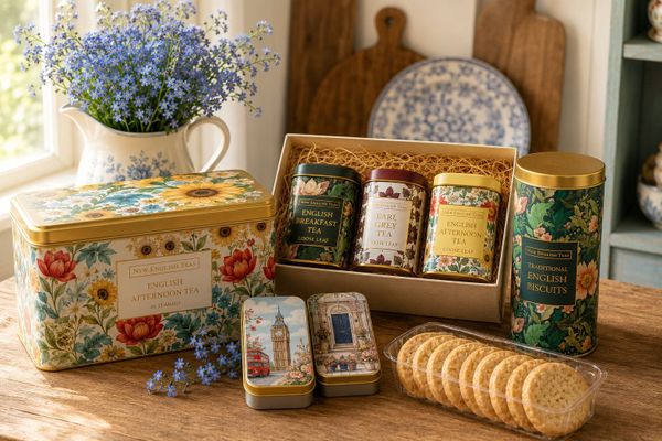 British tea gift tins on a wooden table: a floral tea caddy, a tea and biscuits gift set, mini London tins, a biscuit tin and a jug of forget-me-nots
