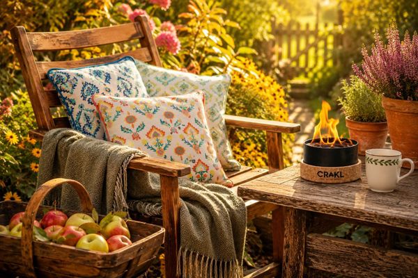 A wooden garden chair with patterned scatter cushions and a grey-green blanket, a woven trug of apples beside it, and a lit tin bonfire on a table nearby, in golden autumn light.