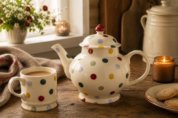 An Emma Bridgewater Polka Dot teapot on a rustic wooden kitchen table beside a matching mug of tea, a plate of biscuits and a lit candle, soft window light in a cosy British kitchen.