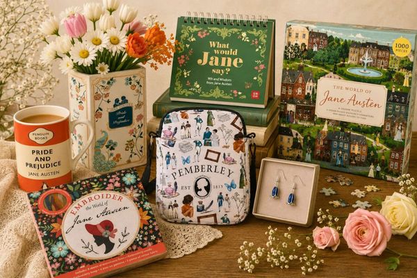 A flat lay of Jane Austen gifts: a ceramic book vase of flowers, a Penguin Pride and Prejudice mug, a quote flip book, a jigsaw, a Pemberley pouch, bluebell earrings and an embroidery kit.