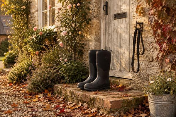 A pair of black Muck Boot Chore wellington boots on a brick step by a cottage back door, with a dog lead hanging on a hook, fallen leaves and soft autumn light.