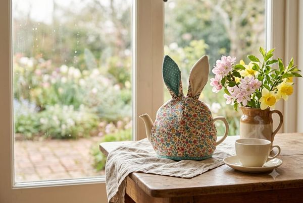 A teapot wearing a floral rabbit-shaped tea cosy with upright ears, on a wooden table by a rainy window, with spring blossom and daffodils in a jug and a steaming cup of tea beside it.