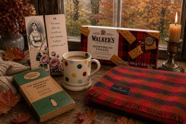 A green Penguin paperback, a Jane Austen bookmark, a polka dot mug of tea, Walker's shortbread and a red checked wool throw on a wooden table by a window, with autumn leaves and a candle.