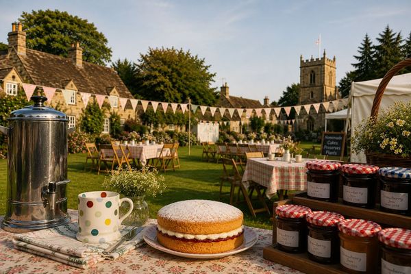 A village fête on an English green: bunting strung before a church, a tea urn, a polka dot mug, a Victoria sponge and jars of jam with red gingham lids.