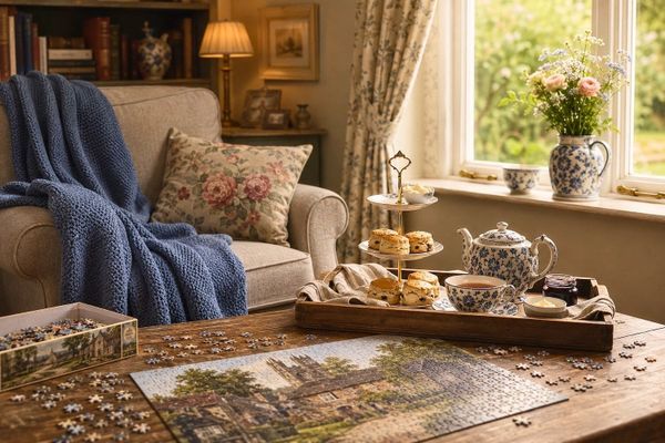 A cottage sitting room set for a Sunday afternoon: a blue knitted blanket over a cream armchair, a tray of scones with jam and cream beside a blue floral teapot, and a half-finished jigsaw sp