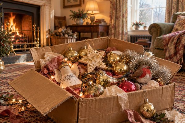 A battered cardboard box of mismatched Christmas decorations on a patterned rug by a lit fire, with a handmade paper angel, tinsel and gold and red baubles.
