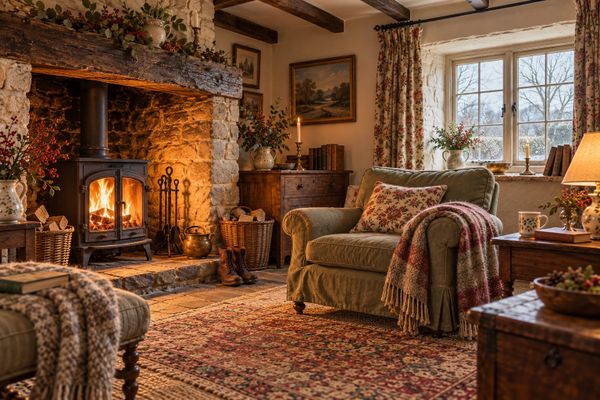 A cottage sitting room with a wood burner alight in a stone fireplace, a green velvet sofa with a wool throw, and logs stacked by the hearth.