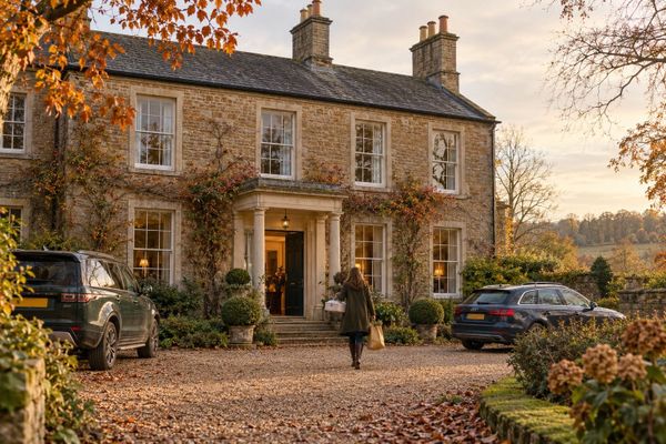 Renting an old country house in Britain: a woman carrying a cake box and shopping across a gravel drive to the open door of a stone house in autumn.