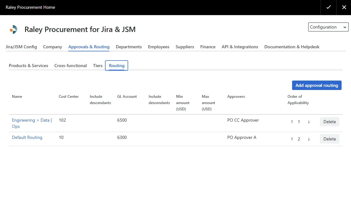 Raley Procurement approval routing settings: rules by cost center, GL account, amount range, and approvers, in priority order