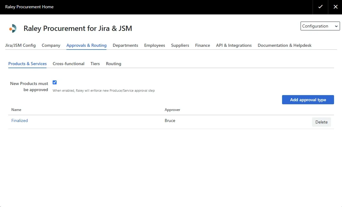 Approval types in Raley Procurement: require new products and services to be approved before purchase